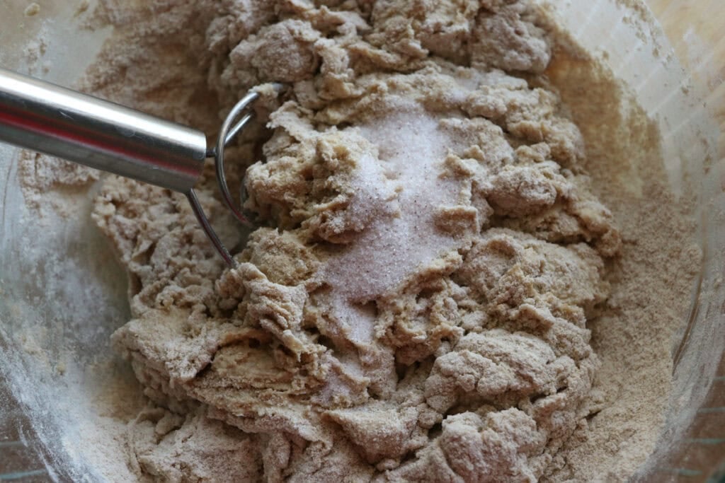 dough that has salt in a mixing bowl to make the best fresh milled artisan loaf