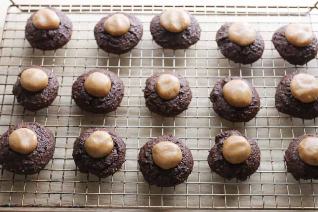 fresh milled buckeye brownie cookies on a wire rack with peanut butter balls on top that have been pushed down