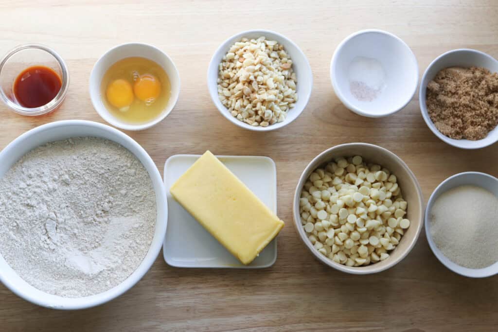 ingredients to make Freshly Milled White Chocolate Macadamia Cookies