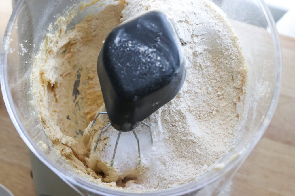 flour added to the mixing bowl for Freshly Milled White Chocolate Macadamia Cookies
