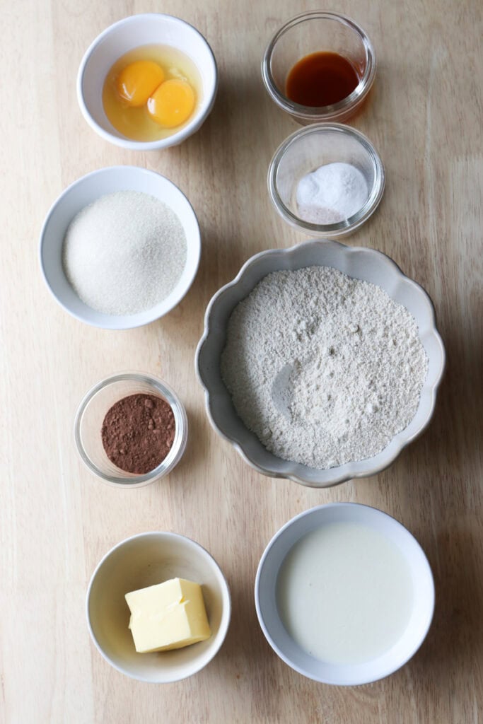 ingredients to make freshly milled red velvet cupcakes