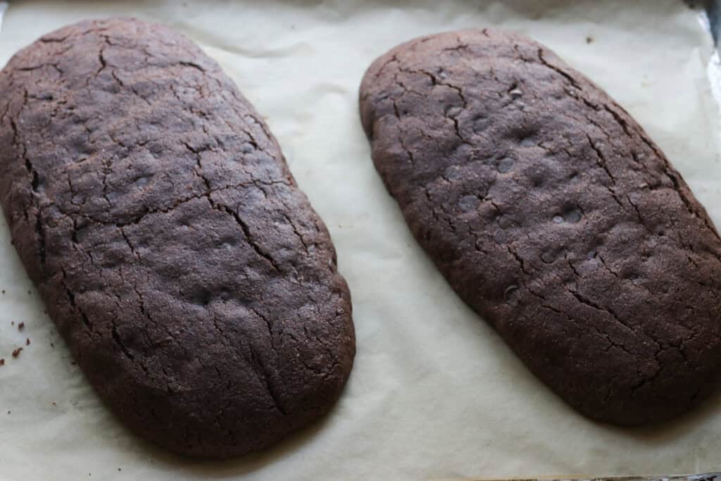 two loaves of fresh milled double chocolate biscotti that have been baked