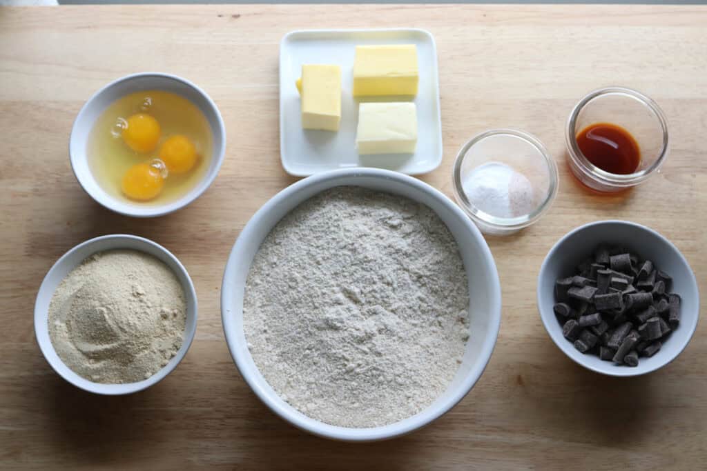 ingredients to make freshly milled chocolate chip biscotti