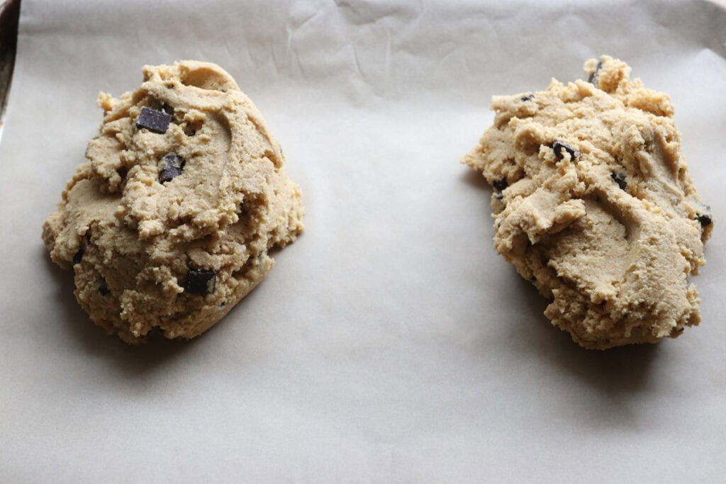 freshly milled chocolate chip biscotti dough divided in half