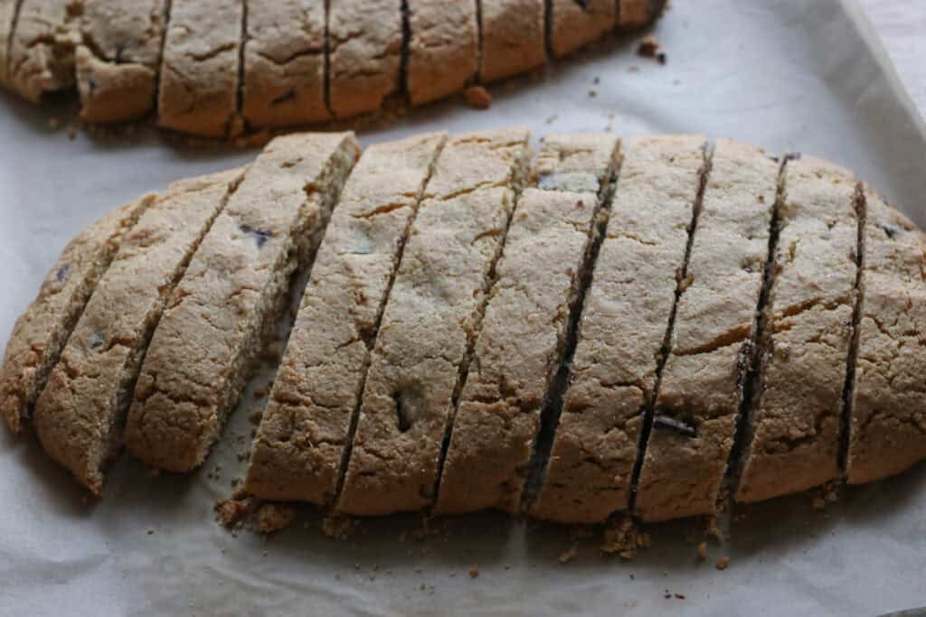 freshly milled chocolate chip biscotti that has been cut into slices