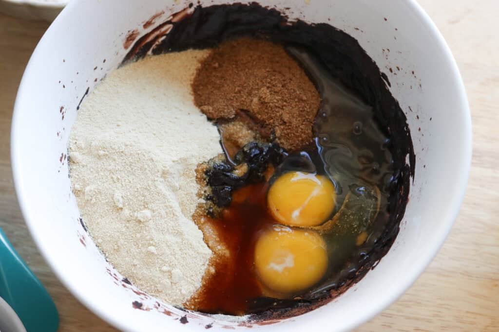 eggs and sugar added to a mixing bowl to make freshly milled fudgy cosmic brownie