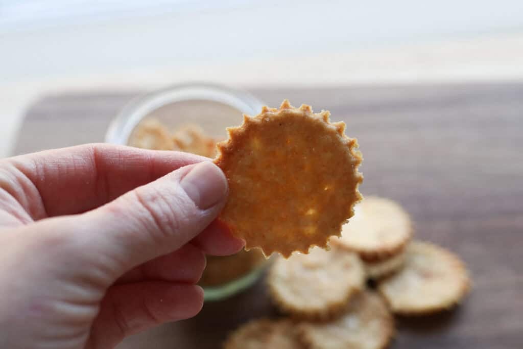 someone holding a crisp and flaky fresh milled ritz cracker