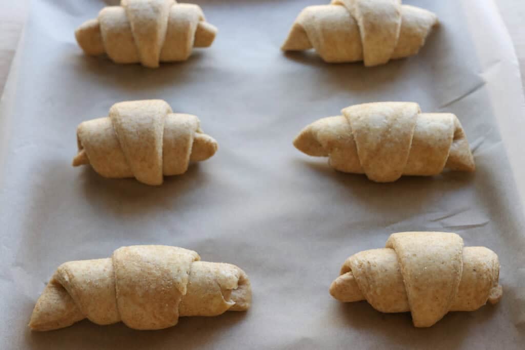fresh milled flaky buttery croissants on a baking sheet