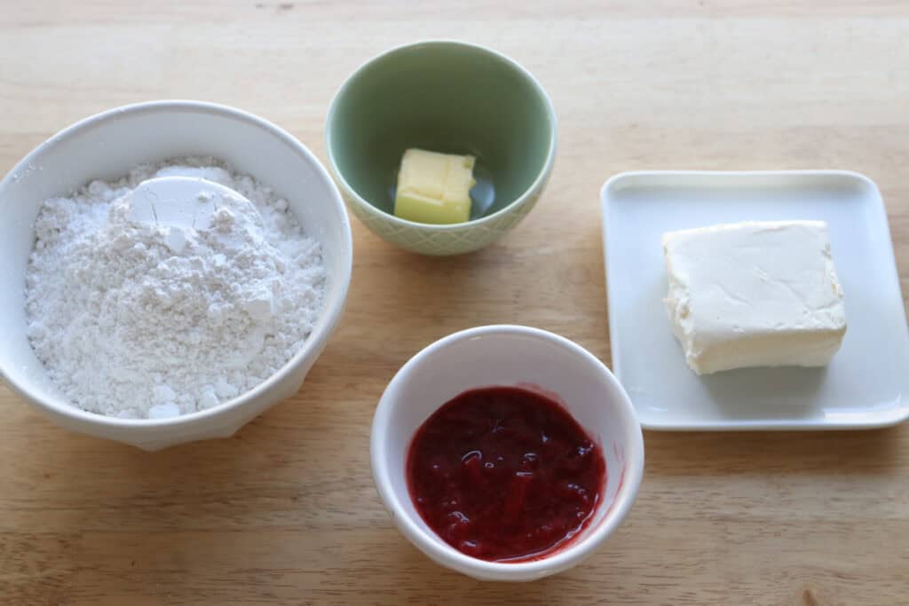 ingredients to make the glaze for Freshly Milled Valentine's Strawberry Cinnamon Rolls