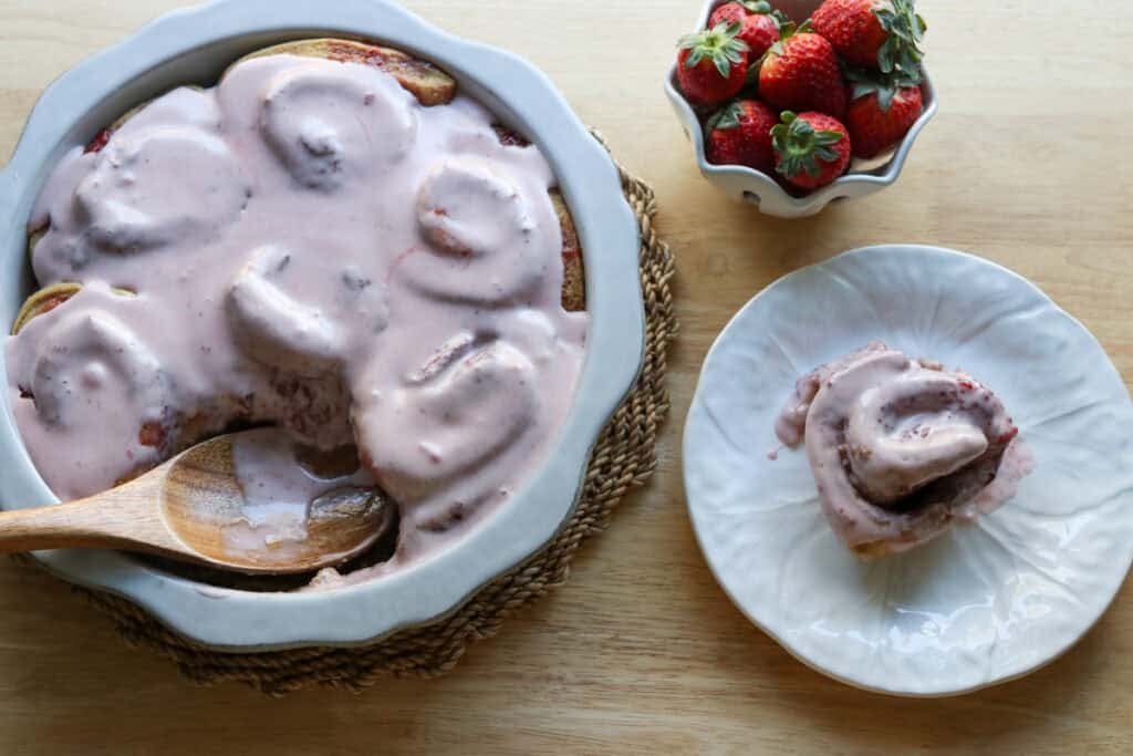 Freshly Milled Valentine's Strawberry Cinnamon Rolls in a pan and on a plate