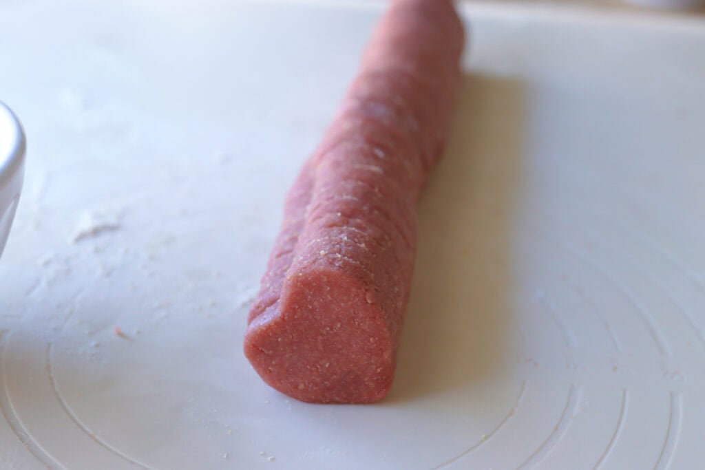 30 pink hearts frozen together to make Freshly Milled Slice and Bake Valentine's Cookies