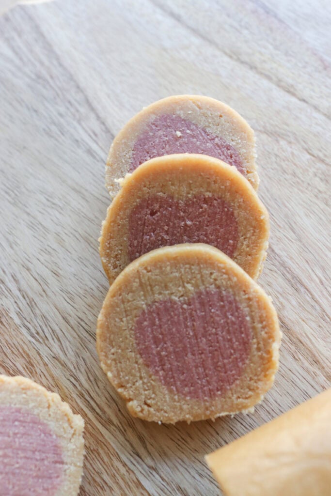 Freshly Milled Slice and Bake Valentine's Cookie dough on a wooden board
