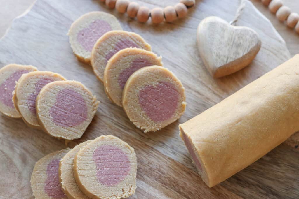 Freshly Milled Slice and Bake Valentine's Cookie dough on a cutting board