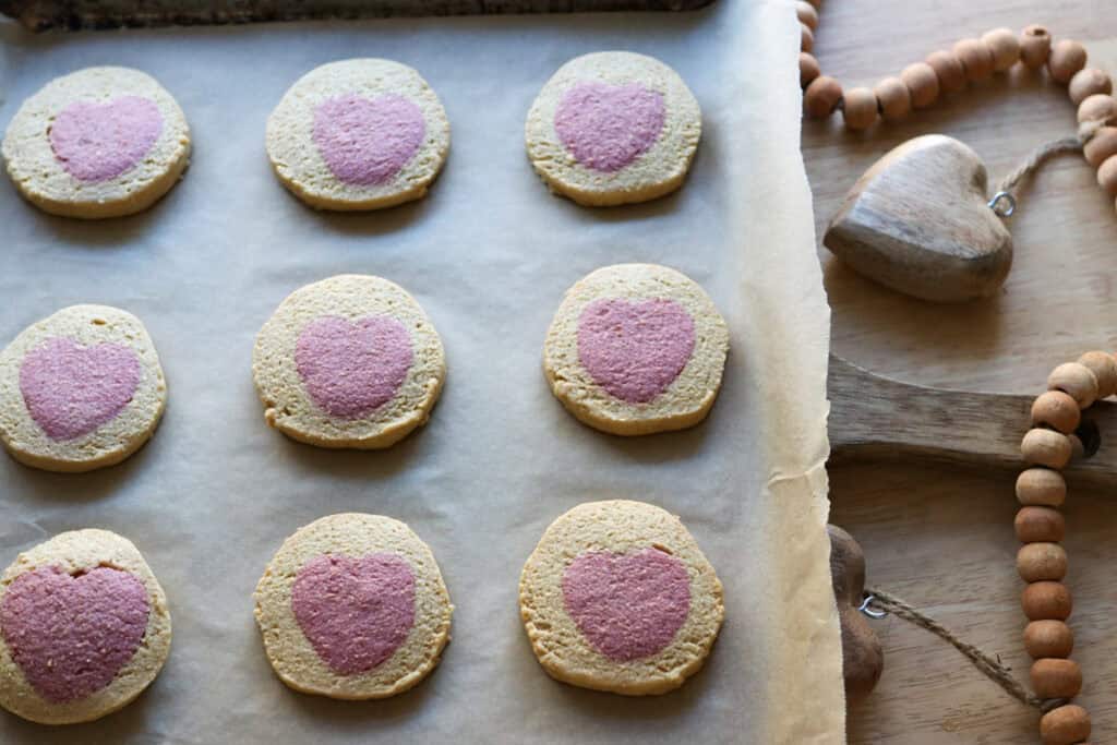 Freshly Milled Slice and Bake Valentine's Cookies that have been baked on parchment paper