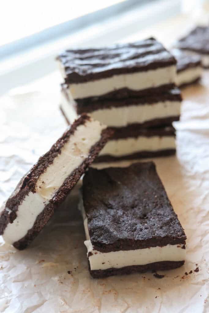 Homemade Ice Cream Sandwiches with Fresh Milled Flour on white parchment paper