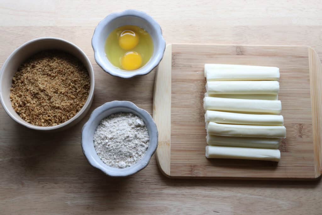 ingredients to make fresh milled fried mozzarella sticks