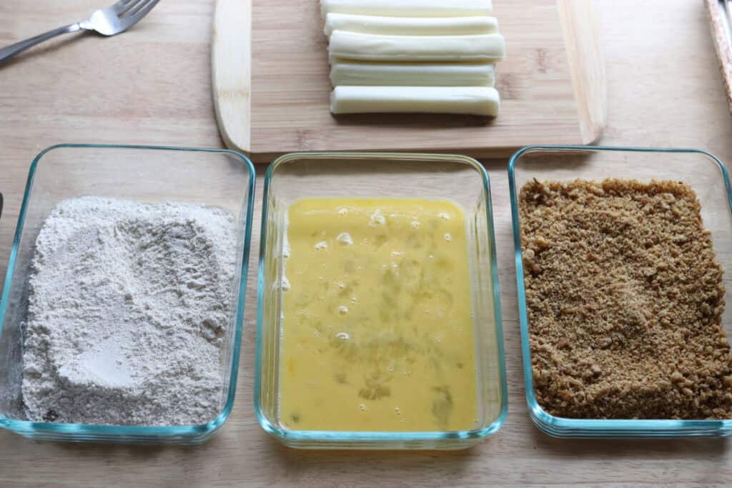 a dipping station to make the fresh milled fried mozzarella sticks