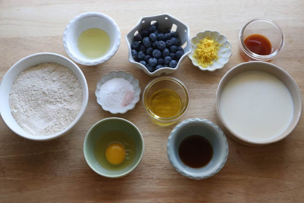 ingredients to make Freshly Milled Fluffy Lemon Blueberry Pancake Bites
