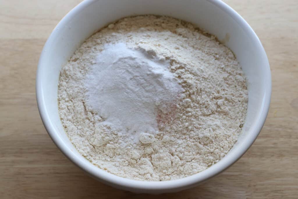 flour and baking powder added to the batter for Freshly Milled Fluffy Lemon Blueberry Pancake Bites