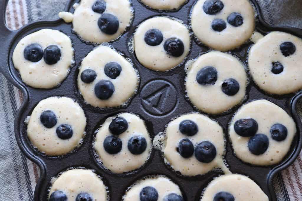 Freshly Milled Fluffy Lemon Blueberry Pancake Batter in a pan with blueberries