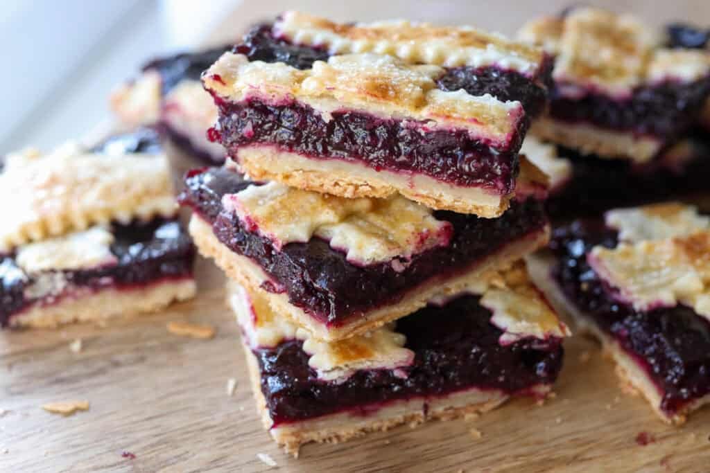 The Best Blueberry Pie Bars with Fresh Milled Flour stacked together