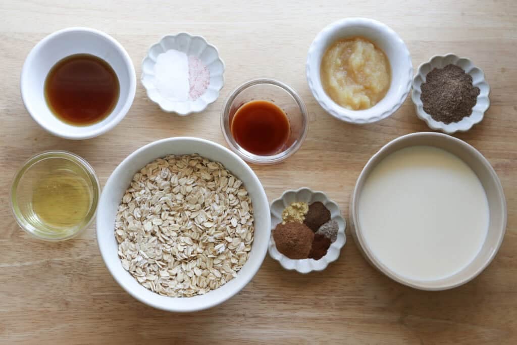ingredients to make healthy and homemade chai baked oatmeal