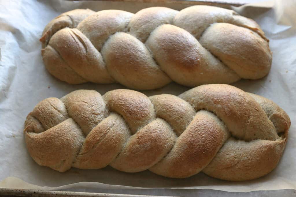 freshly milled braided challah loaves that have been baked until golden brown