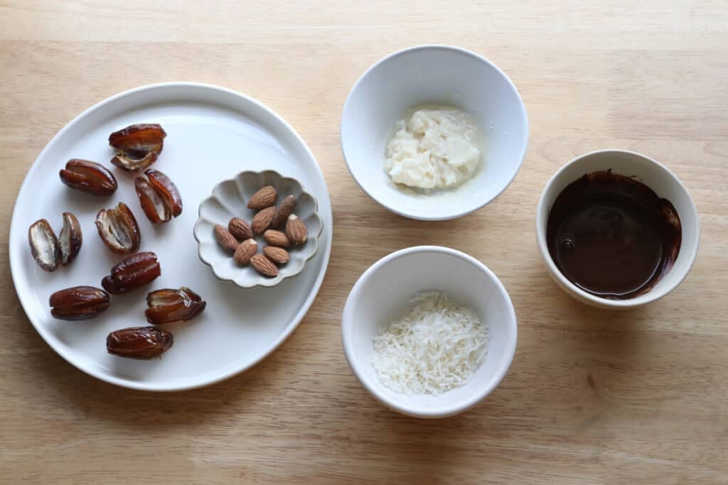 ingredients to make Healthy Chocolate Covered Almond Joy Stuffed Dates
