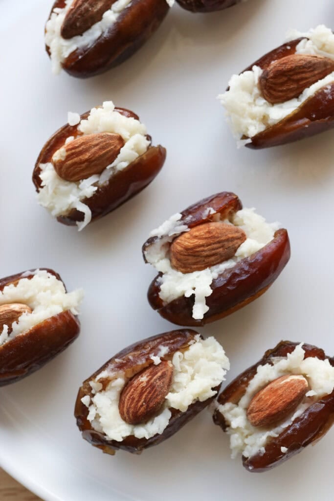 dates wthat have been stuffed with coconut and almonds