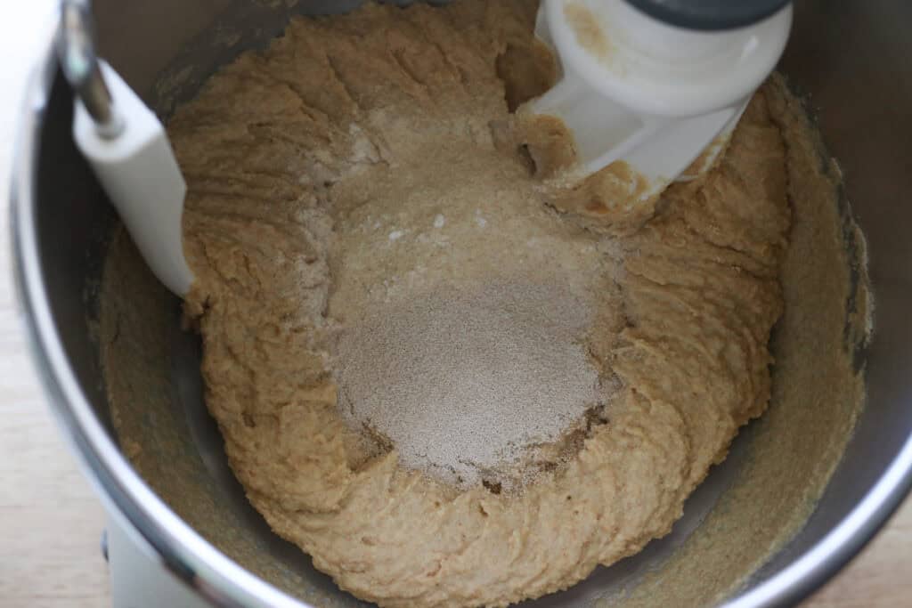 yeast added to the mixing bowl to make fresh milled cheesy taco pockets