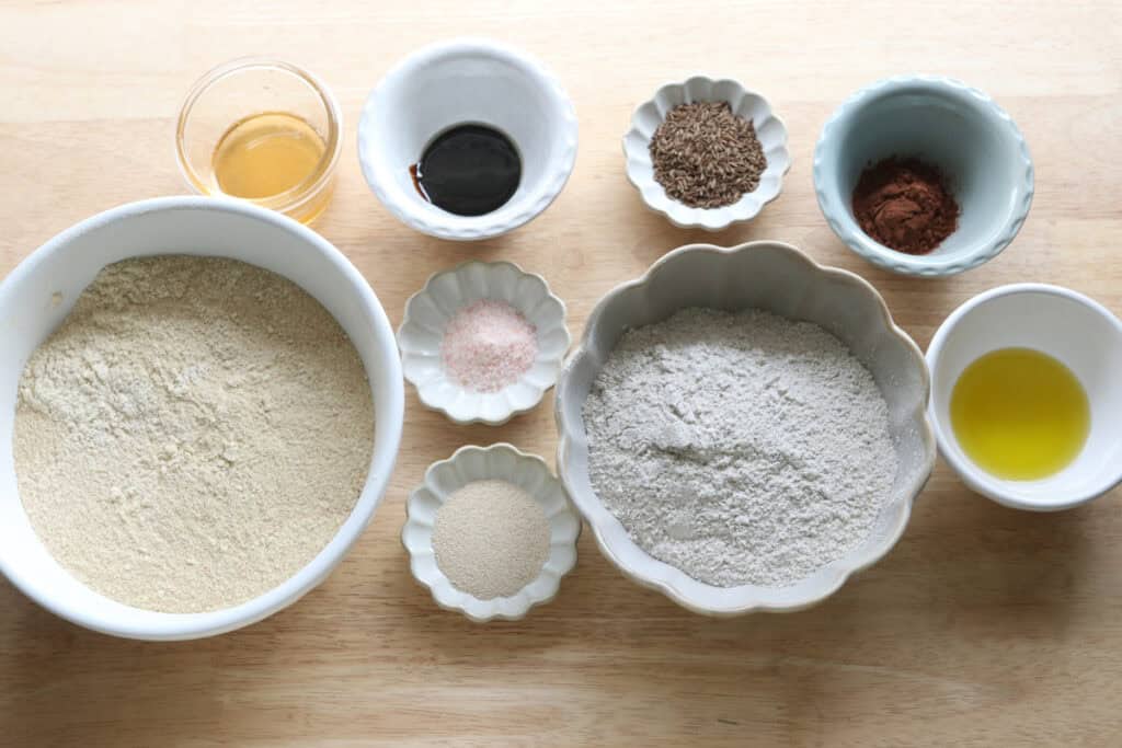 ingredients to make freshly milled marbled rye bread