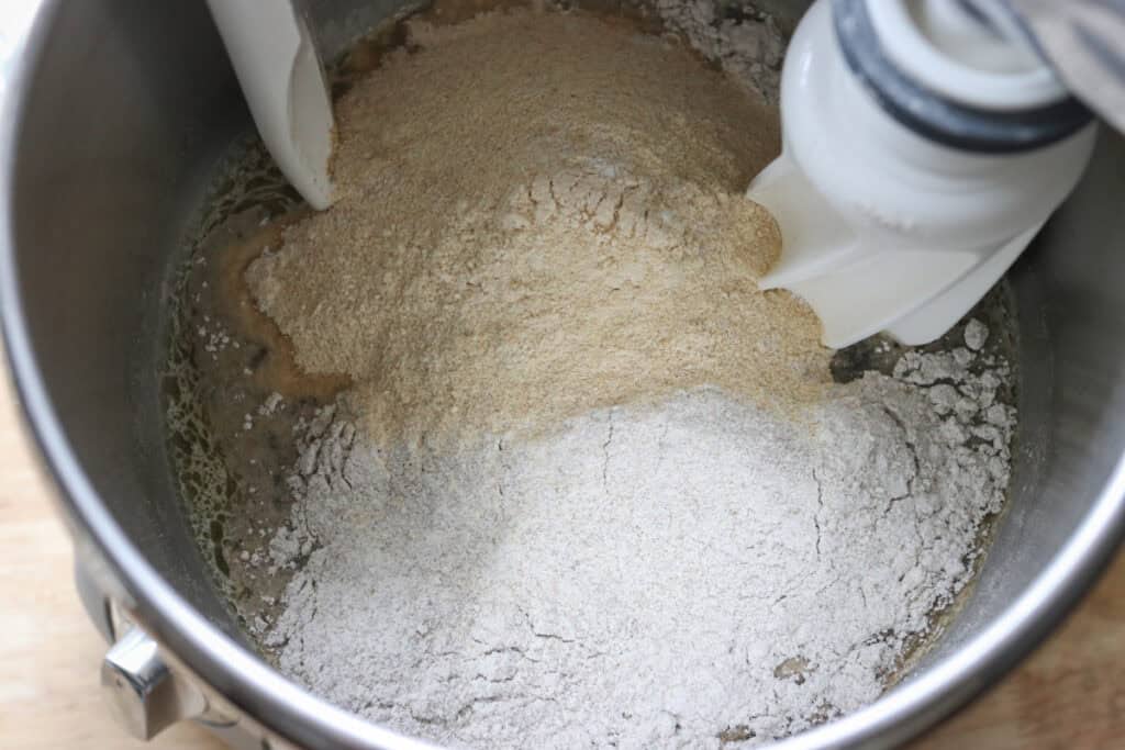 rye flour in a mixing bowl to make freshly milled marbled rye bread