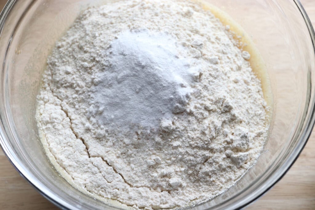 flour added to the batter for Homemade Baked Spring Donuts with Fresh Milled Flour