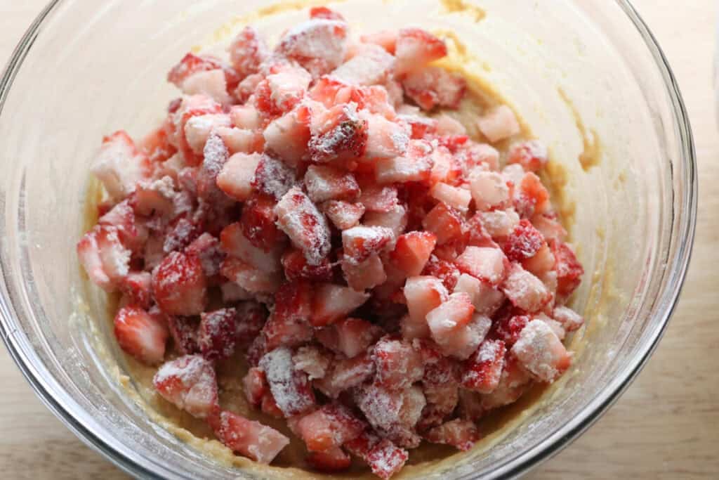 diced strawberries tossed with flour to add to the batter for freshly milled glazed strawberry bread