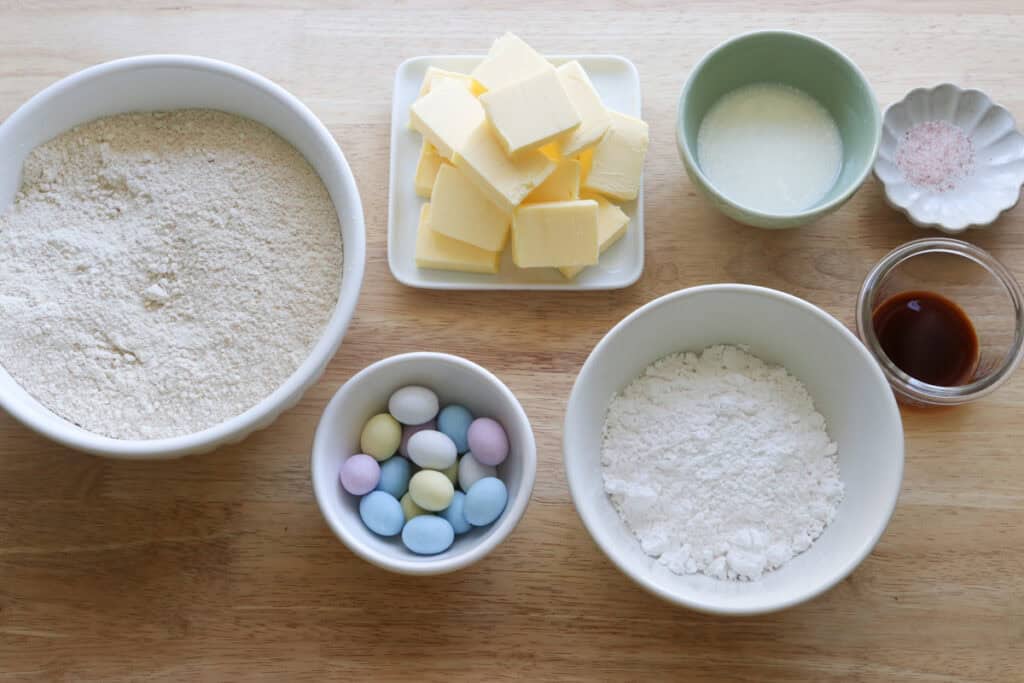 ingredients to make Fresh milled Easter egg sugar cookies
