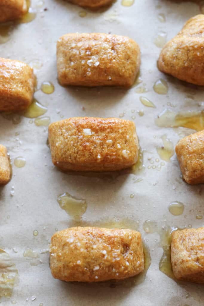 Fresh Milled Soft Pretzel Bites on a baking sheet lined with parchment paper