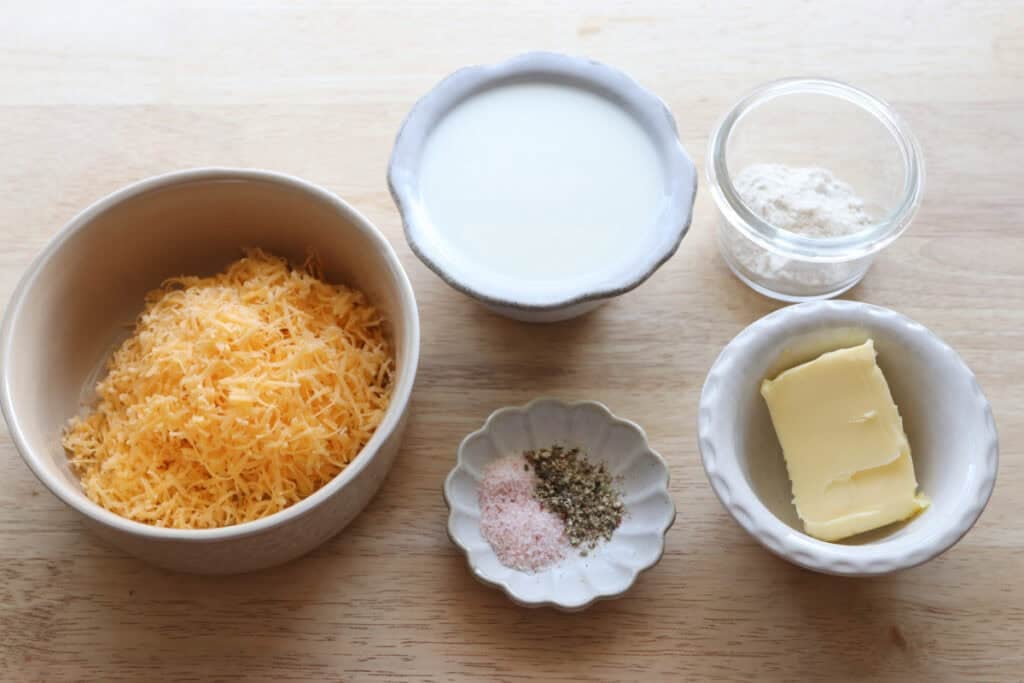 ingredients to make the cheese dip for Fresh Milled Soft Pretzel Bites 
