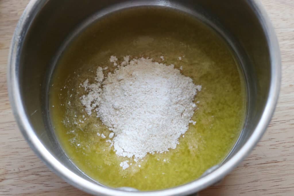 butter and flour in a saucepan to make the cheese dip for Fresh Milled Soft Pretzel Bites
