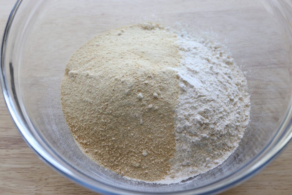 freshly milled flour and sugar in a bowl to make freshly milled angel food cake