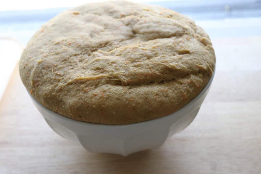 Fresh milled carrot cake cinnamon roll dough in a white bowl that has risen