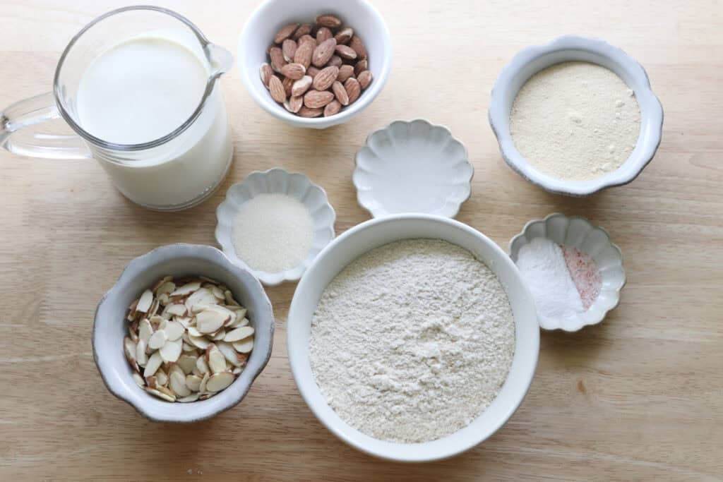 ingredients to make fresh milled almond croissant cake