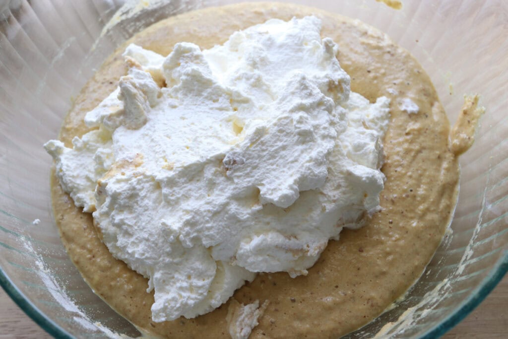 whipped cream added to the batter to make fresh milled almond croissant cake