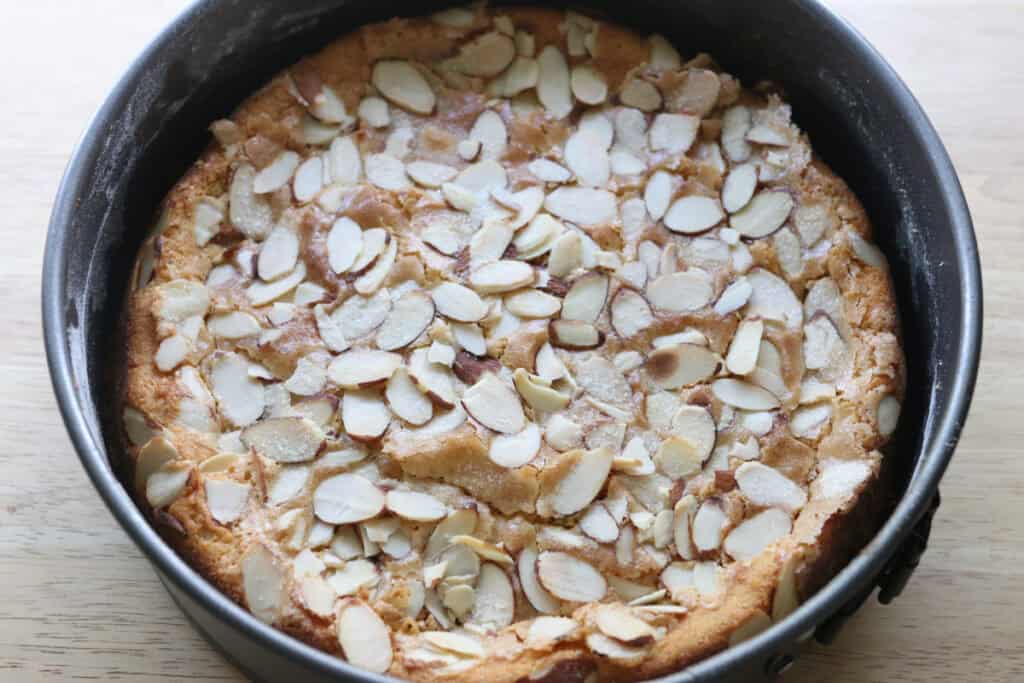 a fresh milled almond croissant cake that has been baked until brown 