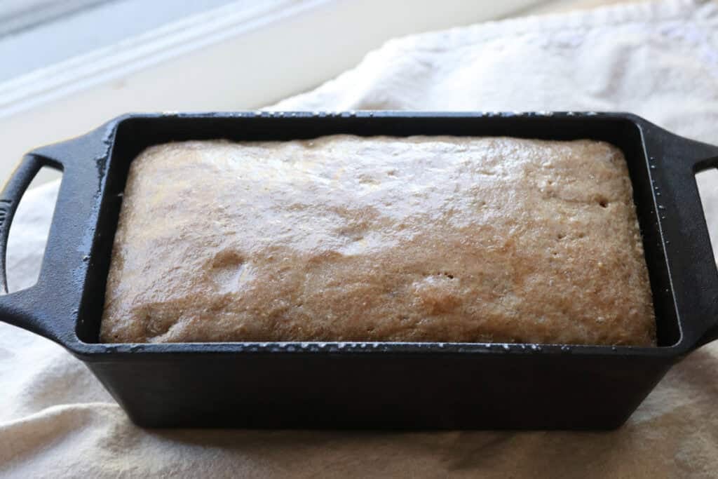 Freshly milled einkorn sandwich bread in a cast iron pan covered in butter