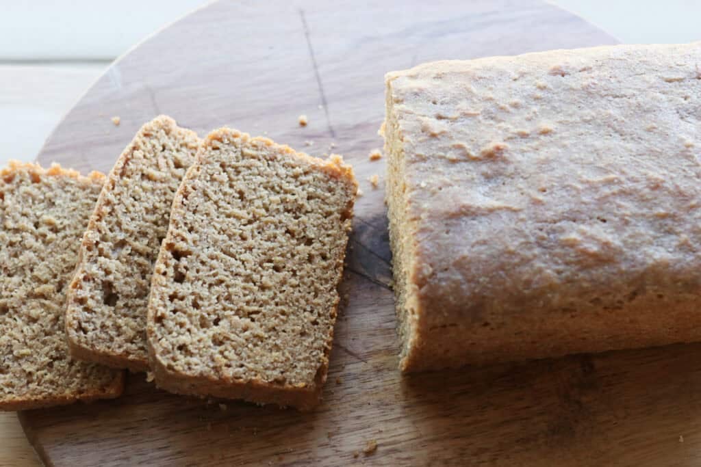 Freshly milled einkorn sandwich bread on a wooden cutting board