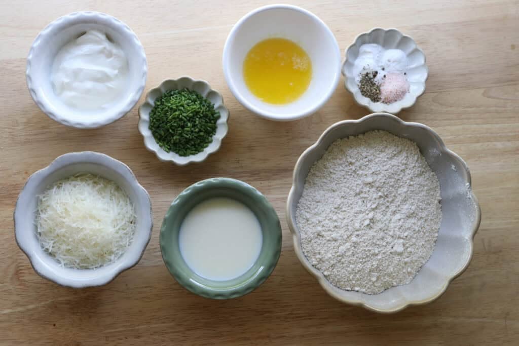 ingredients to make Easy Freshly Milled Parmesan Chive Drop Biscuits