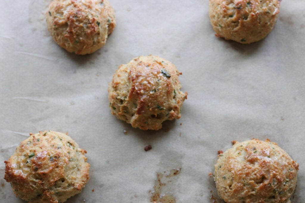 Easy Freshly Milled Parmesan Chive Drop Biscuits baked until golden brown