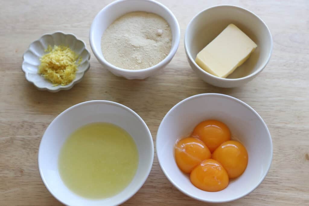 ingredients to make the lemon curd for freshly milled lemon poppyseed roll