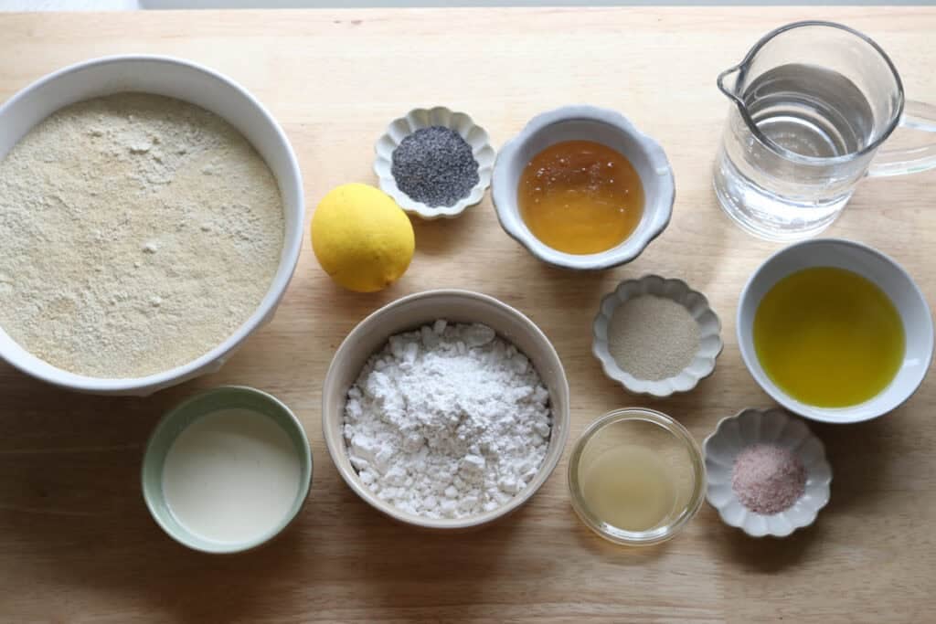 ingredients to make freshly milled lemon poppyseed rolls