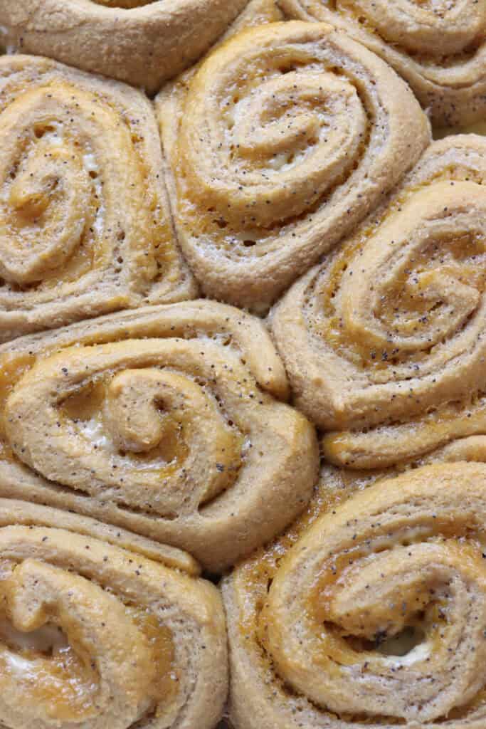 freshly milled lemon poppyseed rolls that have been baked and topped with poppy seeds